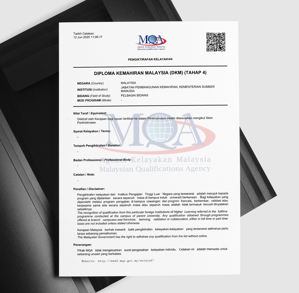 Sijil pengiktirafan kelayakan Diploma Kemahiran Malaysia daripada Agensi Kelayakan Malaysia (MQA)